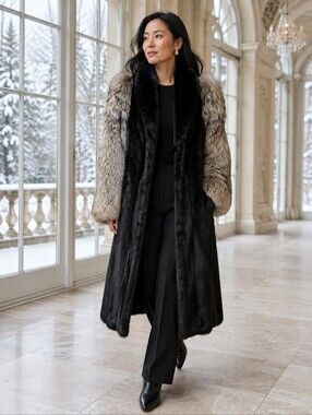 Vintage Labrador Fur Ltée Black Two Tone Long Fur Coat Silver Statement Sleeve